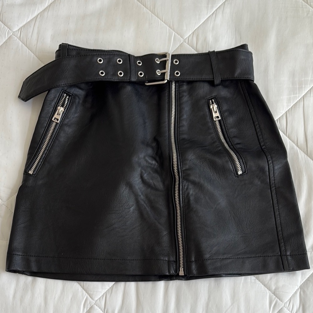 Black Faux Leather Mini Skirt with Removable Belt